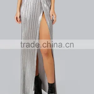 Long Split Women Pleated Long Skirt Sliver Color High Waist Maxi Skirt New Arrive thumbnail-2
