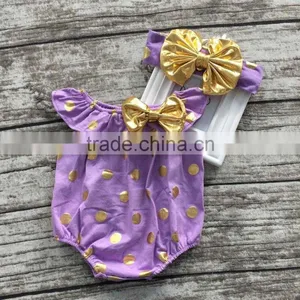 Baby Girls Clothes Toddler Girls Romper Infant Girls Purple Gold Polka Dot Romper With Headband thumbnail-1