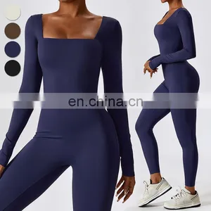 Custom Fitness Rompers Sexy Workout Wear Bodysuit One Piece Jumpsuits Long Sleeve Square Neck Women Gym Yoga Jumpsuit thumbnail-3