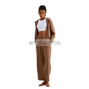 OEM & ODM Ladies Jogging Sweatsuit Waffle Wide Leg Pants Two Piece Sets Workout Training Women Sports Tracksuit Gym Fitness Set thumbnail-3