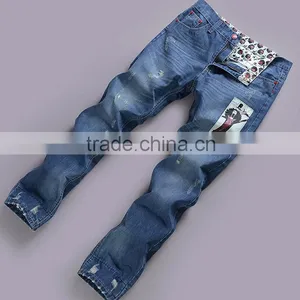2014 Lastest Design Long Low Waisted Ripped Men Jean Wear Printed Washed Wholesale Popular Blue Men Jean Pants Trouser thumbnail-1
