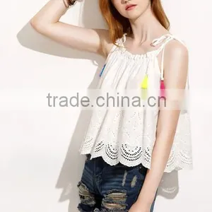 Tank-Tops&Camis Latest Fashion Design Women Clothing Beige Tassel Tie Shoulder Scallop Hem Cami Top thumbnail-5