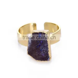 50pcs New Arrival Golden Druzy Dark Purple Quartz Rings Women Raw Stone Jewelry Mineral Adjustable Ring 17*(19/12)mm thumbnail-1
