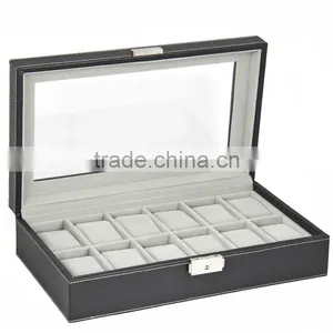 Watch Box Large 12 Mens Black Leather Display Glass Top Jewelry Case Organizer thumbnail-2