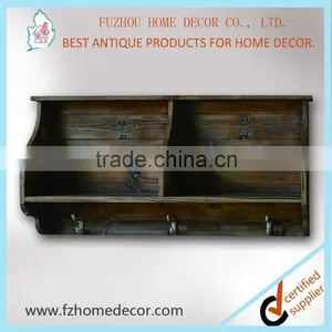 Antique Wooden Wall Shelf With Storage Drawers and Hooks thumbnail-2