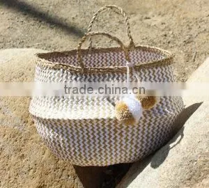 Pompom Beach Bag/Pompom Bag, White Zigzag Belly Basket With Pompom thumbnail-3