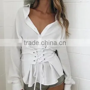 Runwaylover 129 Hot Sale 2017 Ladies Fashion Pure Color Blouse With Bandages thumbnail-1