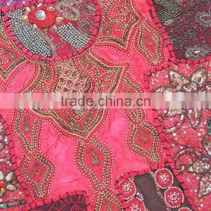 Decorative Floor Pillow - Hot Pink Indian Beaded Large Sari Cushion Cover thumbnail-3