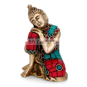 Buddha Statue Resting Buddhism Figurine Tibet Sleeping Feng Shui Brass Turquoise Tibet Tibetan Resting Buddhism Home Decor Art thumbnail-2