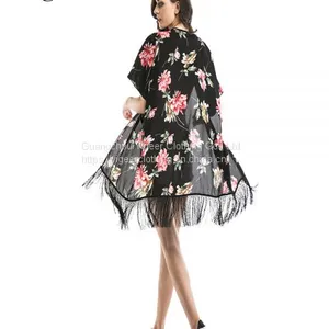 Floral Printed Fringing Hem Open Casual Chiffon Dress thumbnail-5