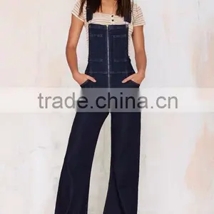 Dark Blue Zip Front, Adjustable Straps, Flared Legs, And Criss Cross Back Denim Overalls thumbnail-2