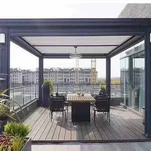 Motorized Adjustable Louvered Aluminum Pergola With Column Wall Lamps & Ceiling Fan, Modern Outdoor Roof Gazebo for Rooftop Terrace & Villa Patio thumbnail-1