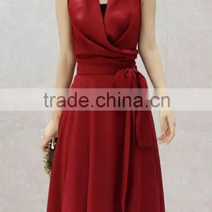 [FFD0035] Ladies Surplice Neckline Self-tie Belt Waist Sleeveless Dress thumbnail-1