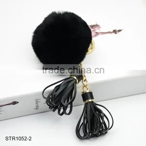 New Leather Tassel Fur Keychain Real Rabbit Fur Pom Pom Key Chain thumbnail-2