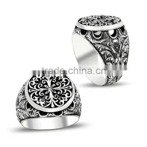 925K Sterling Silver Art Design Carved Turkish Men Round Ring Handmade thumbnail-1