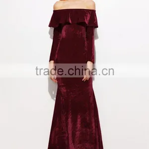 New Style Off the Shoulder Long Sleeve Flounce Layered Neckline Maxi Evening Dress Women New Sexy Fishtail Velvet Dresses thumbnail-4