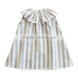 2017 New Fashion Baby Boutique Clothes Western Style Dress Stripe Cape Collar Children Girl Linen Dress thumbnail-1