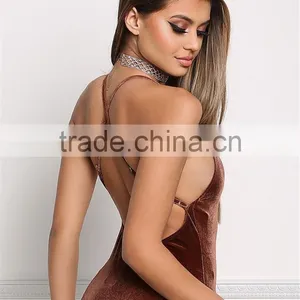 MGOO Fashion Factory Made Cross Strap Velvet Bodysuits Custom Deep V Neck Bloues Tops Sleeveless Custom thumbnail-3