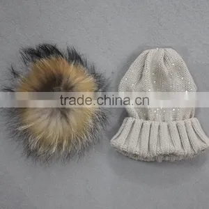 Myfur China Factory Price Winter Knit Hat With Natural Fuzzy Raccoon Fur Pom Pom for Children thumbnail-5