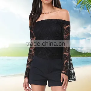 Clothes Woman Fashion Long Bell Sleeve Off-shoulder Lace Blouse Black for Wholesale 2017 thumbnail-4