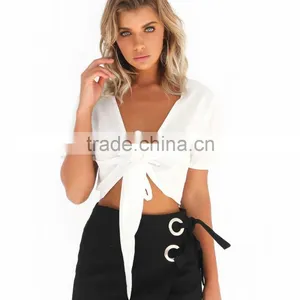 Latest Design Sexy Deep V Neck Crop Tops Short Sleeve Blouse 2017 thumbnail-1