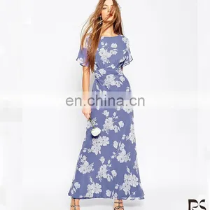 2016 Guangdong Dongguan High Fashion Lady Short Sleeve Printed Chiffon Ladies Long Dress thumbnail-1