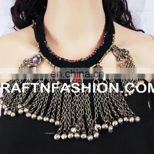 Antique Ethnic Beaded Old Coin Necklace - Designer Heavy Banjara Kuchi Beaded Necklace 1960s Vintage Tribal Gypsy Necklace thumbnail-1