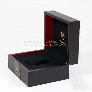 Matte Black Painted Popular Natural Wood Watch Display Box Solid Wood Watch Gift Box With Metal Logo Plate thumbnail-2