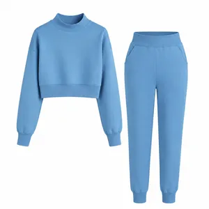 100% Polyester Mock Neck Cropped Top & Jogger Pants Two‑Piece Casual Tracksuit thumbnail-5