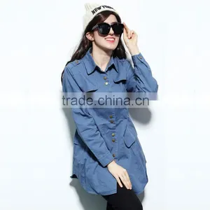 Denim Jacket 2014 New Women Coat Female Long European Full Regular Sleeves Slim Metal Buttons Jean Jackets Solid WholeSale thumbnail-1