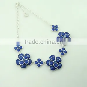 Vintage Blue Double Flower Design Fashion Necklace Rhinestone Alloy Bangles Resin Necklace Set Silver Women Jeweley Set Supplier's Choice thumbnail-4