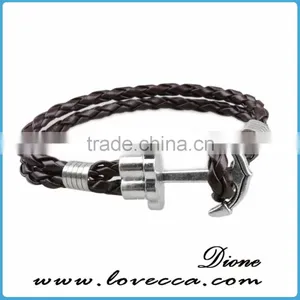 Custom Handmade Mens Genuine Braided Leather Hook Anchor Bracelet thumbnail-3