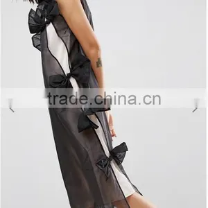 Summer Dress For Women Black Lightweight Organza Contrast Lining Crew Neck Bow Detail Midi Organza Dress thumbnail-1