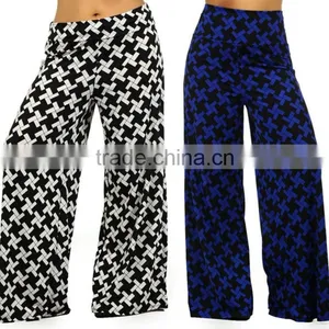 New Plus Size Printed Wide Leg Fold Over High Waist Palazzo Flare Lounge Pants thumbnail-1