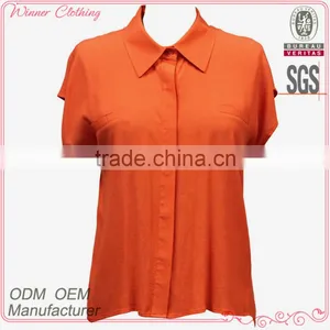 Summer Ladies Fashion New Model Short Sleeve Placket Hidden Loose Fit Plain Dyed Orange Sweet Shirts thumbnail-1