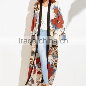 Custom Floral Print Women Beachwear Multicolor Flower Print Contrast Trim Belted Maxi Kimono thumbnail-5