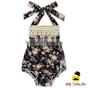 0-2 Years Summer Cotton Flower Printed Halter Fringe Infant Newborn Baby Girl Floral Bubble Romper Clothes thumbnail-2