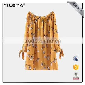 2017off Shoulder Long Sleeve Floral Printed Dress Loose Yellow Dress thumbnail-1