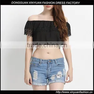 Wholesale Hot Sale Photo Image Girls Boat Neck Blouse Designs Ladies Fashion Crop Top thumbnail-1