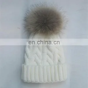 Fashion Knit Cable Hats With Big Natural Raccoon Fur Pom Poms thumbnail-2