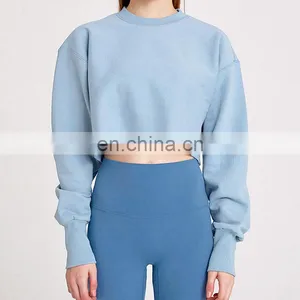 1 Pcs Custom Logo Gymwear Crop Top Workout Sports Running Woman Long Sleeve Fitness Sweatshirts Top Fleece Crop Sweatshirt thumbnail-1