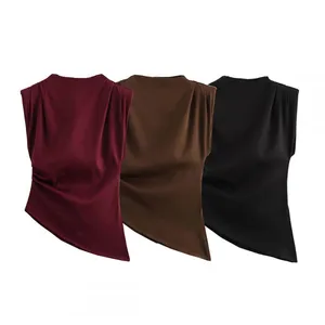 New Women's Clothing: Fashionable Style, Asymmetrical Pleated Decoration on the Shoulder, Sleeveless Top thumbnail-1