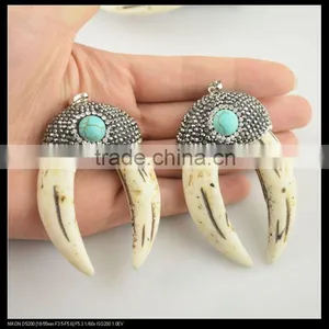 LFD-0099P ~ Fashion! Two White Teeth Pendant With Crystal Rhinestone and Turquoise Paved Charms Pendants thumbnail-1