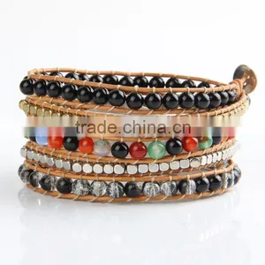 Exclusive Flower Amazonite With Gold Beads 5 Strands Weave Leather Wrap Bracelet Multi Layered Vintage Bracelet thumbnail-2