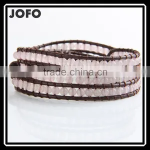 2016 Pink Bracelets Boho Style 4mm Clear Crystal Beaded Bracelets Fine Jewelry On Brown Leather Charm Jewelry thumbnail-1