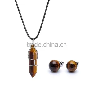 Big Promotion Rose Quartz Natural Stone Bullet Wire Necklace Earrings Jewelry Set SMJ0169 thumbnail-6