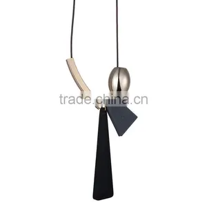 Geometric Wood Bead Pendant Necklace Gold Curved Tube Bead Black Chain Necklace Geomotric Rubber Pendant Long Sweater Necklace thumbnail-1