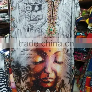 DIGITAL Print Crepe Silk Embellished FACE Kaftan CAFTAN Tunic Poncho Blouse thumbnail-1