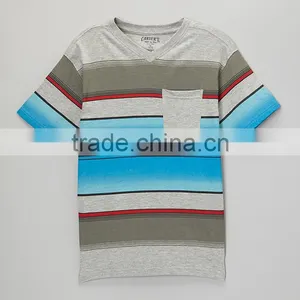Cheap Wholesale Boys Light Gray Heather and Blue Striped V-neck Pocket t Shirts thumbnail-1
