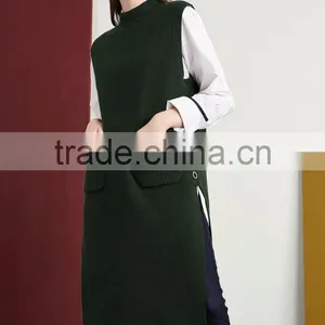 2017 New Design Women Green Color Vest Sweater Stand Collar Side Vent Sweater thumbnail-2